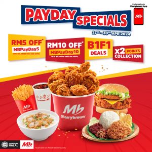 Grab Marrybrown's Payday Sale Offers: Up to RM10 Off and Buy 1 Get 1 Free Deals, April 27-30, 2024!