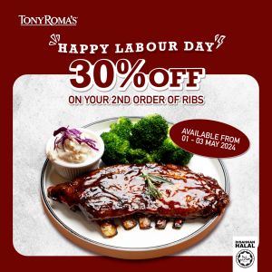 Tony Roma's Labour Day Special: 30% Off Second Ribs Order - May 1-3, 2024!