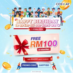 Get a FREE RM100 e-Voucher at Cosway This May - Shop & Save Big from May 1-31, 2024!