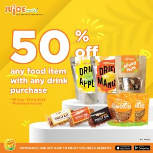 Juice Works August Promotion: Enjoy 50% OFF Food Items with Any Drink Purchase (1-31 August 2024)