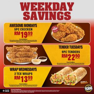 Texas Chicken Weekday Savings: 5pc Chicken, 9pc Tenders, & 2 Tex Wraps Deals!