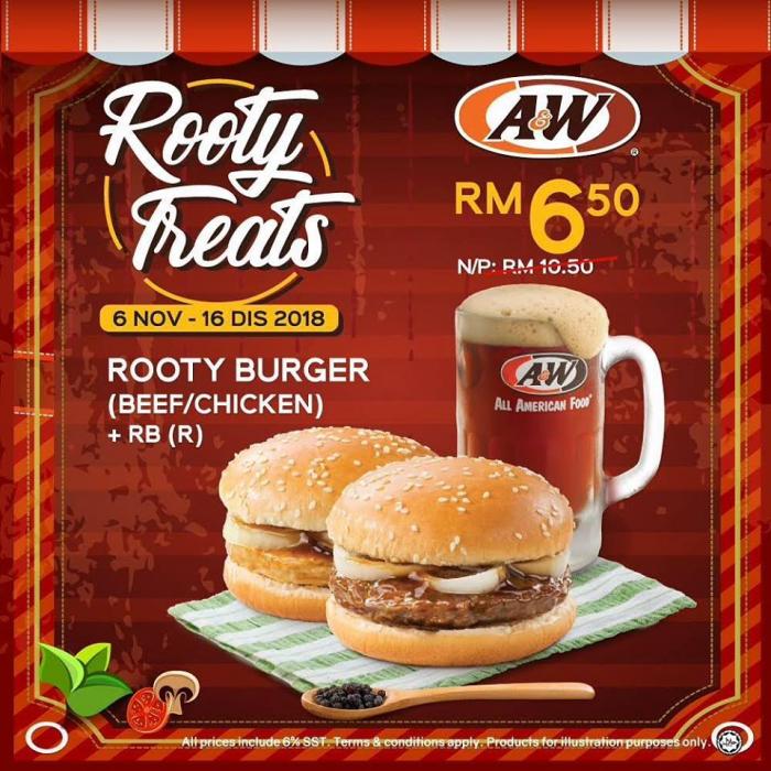 A&W Rooty Burger (Beef/Chicken) + RB(R) at RM6.50 (6 November 2018 - 16 December 2018)