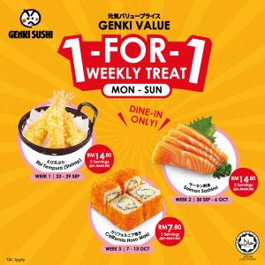 Genki Sushi 1-for-1 Weekly Treats (23 September - 13 October 2024) – Dine-in Only!