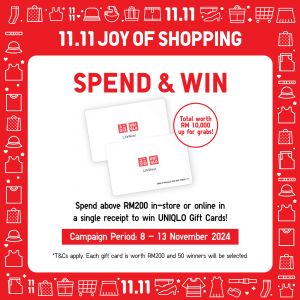UNIQLO 11.11 Sale 2024: Spend & Win RM200 Gift Cards (8-13 November 2024)