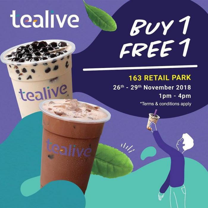 Tealive 163 Retail Park Opening Promotion Buy 1 FREE 1 (26 November 2018 - 29 November 2018)