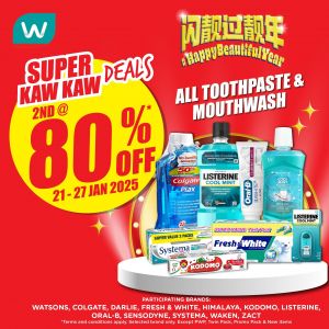 Watsons Promotion: 2nd @ 80% OFF All Toothpaste & Mouthwash Deals (21-27 January 2025)