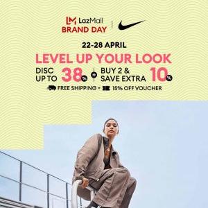 Nike Lazada Brand Day Sale: Up to 38% OFF + Extra 10% on 2 Items + Free Shipping (22-28 April 2025)