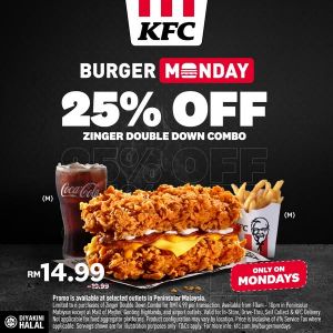 KFC Burger Monday Promotion: 25% OFF Zinger Double Down Combo (28 April 2025)