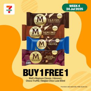 7-Eleven Buy 1 Free 1 Wall’s Magnum Ice Cream Promotion 24 July 2025 – Classic, Almond, Choco Truffle & Belgian Choc Luxe