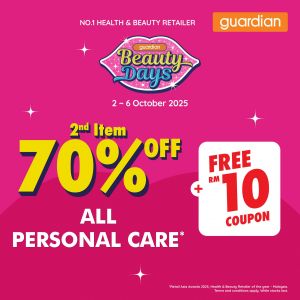 Guardian Promotion: Personal Care 2nd Item 70% OFF | 2-6 Oct 2025
