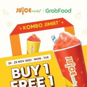 Juice Works Buy 1 Free 1 GrabFood Promotion: Kombo Jimat Tropical & Fruity Blends | 24–25 Nov 2025