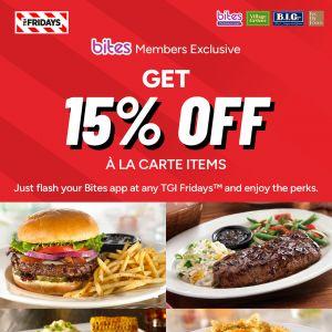 TGI Fridays Bites Members Exclusive: 15% OFF A La Carte Items | Until 31 Aug 2026