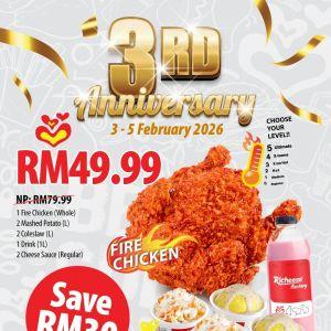 Richeese Factory 3rd Anniversary: Fire Chicken Whole Set RM49.99 | 3-5 February 2026